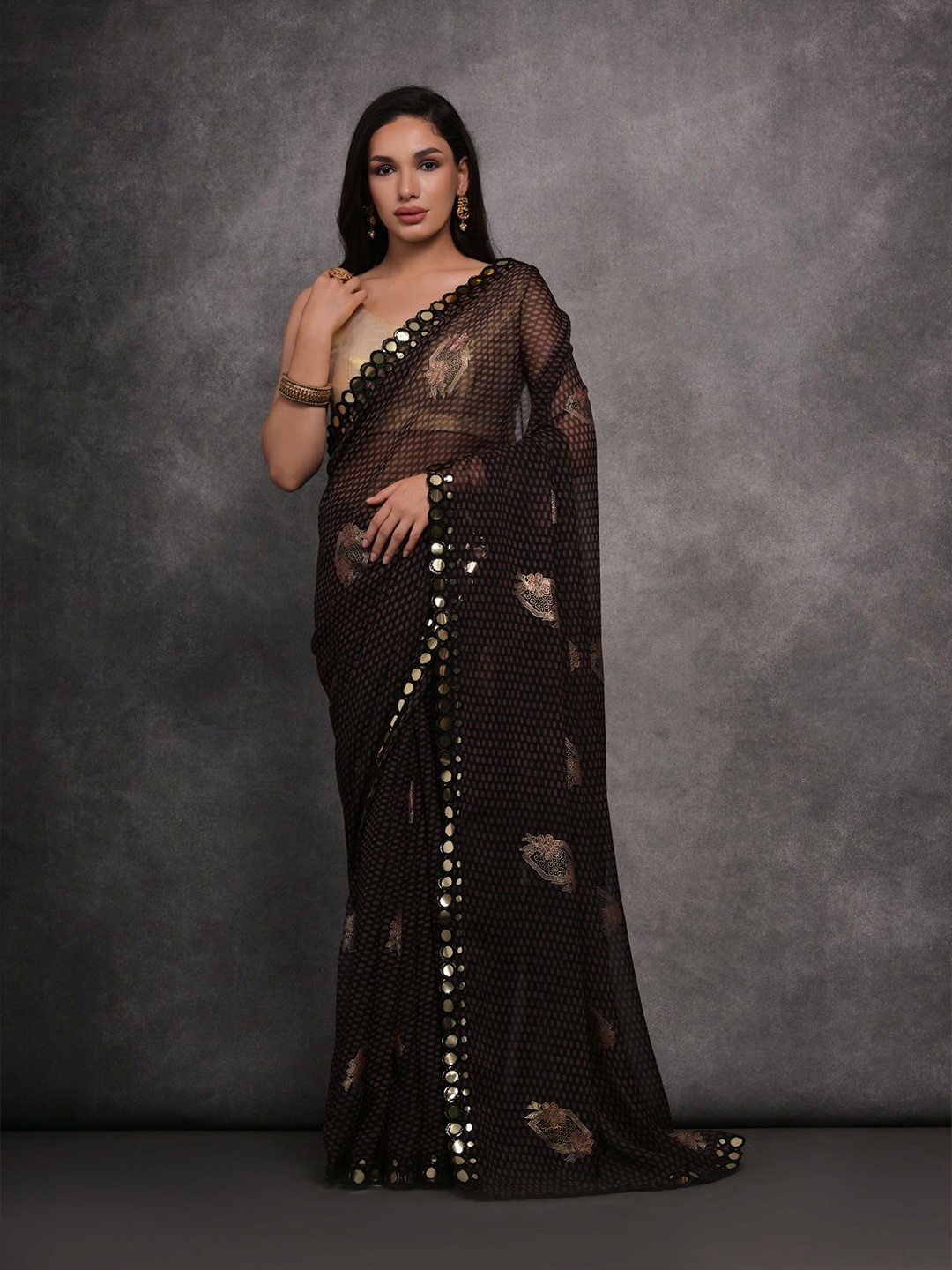 

Mitera Ethnic Motifs Mirror Work Saree, Black