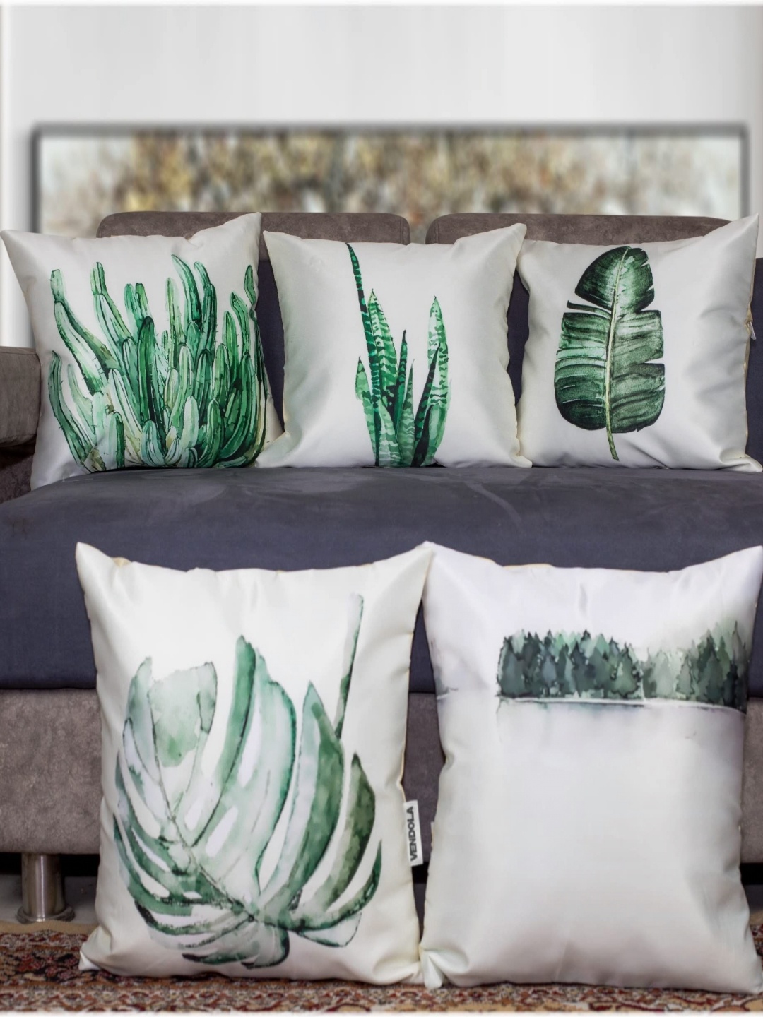 

Vendola White & Green 5 Pieces Floral Satin Square Cushion Covers