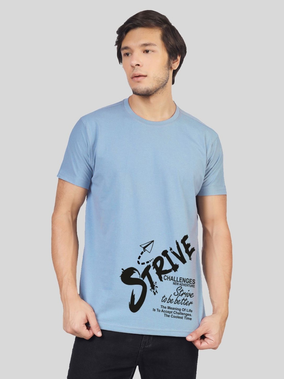 

Greylongg Men Typography Printed Round Neck Cotton T-shirt, Blue