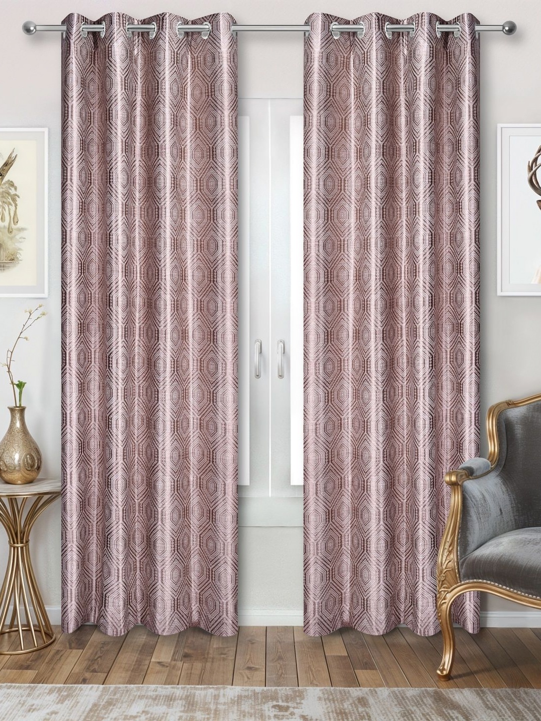 

REYANSH DECOR Coffee Brown & White 2 Pcs Geometric Printed Room Darkening Window Curtains