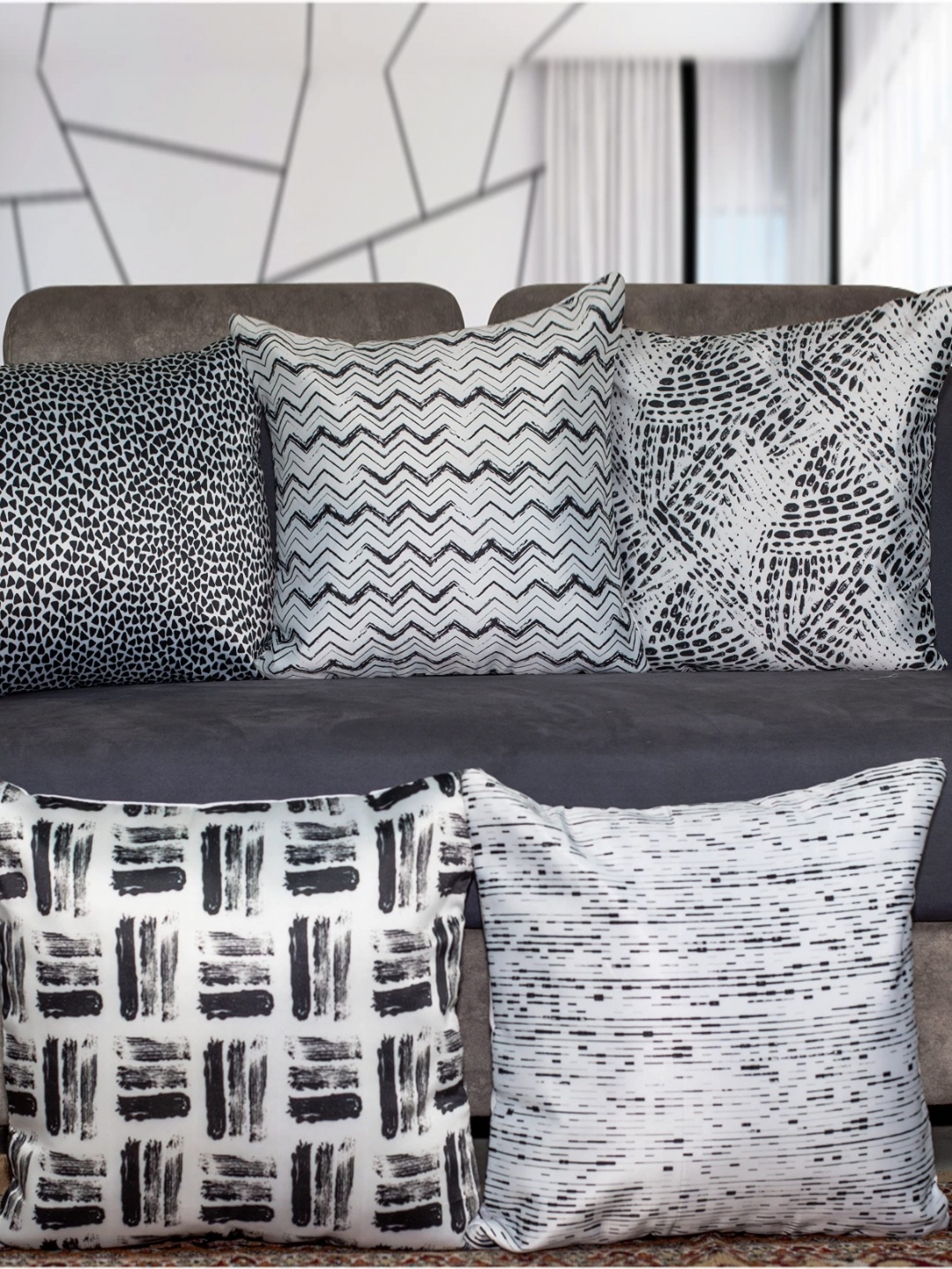 

Vendola White & Grey 5 Pieces Geometric Satin Square Cushion Covers