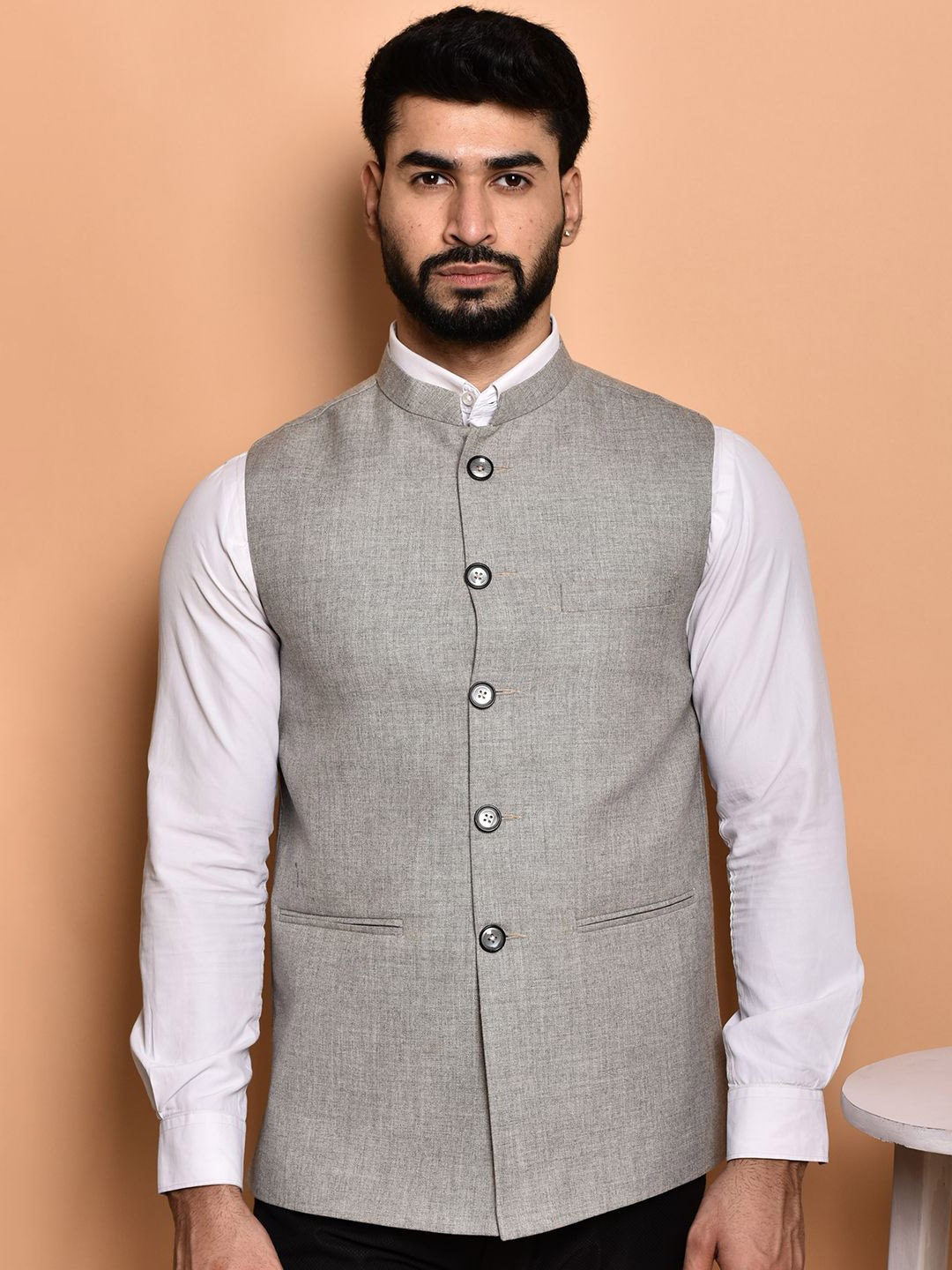 

PRINTCULTR Textured Woven Nehru Jacket, Grey