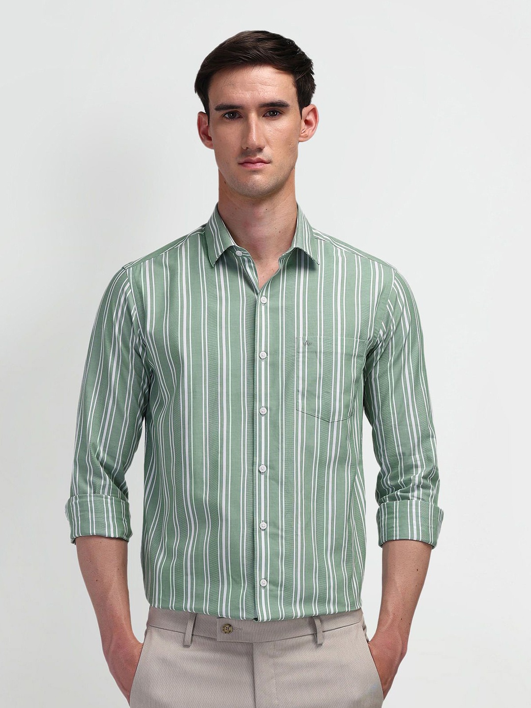 

Arrow Men Modern Slim Fit Opaque Striped Formal Shirt, Green