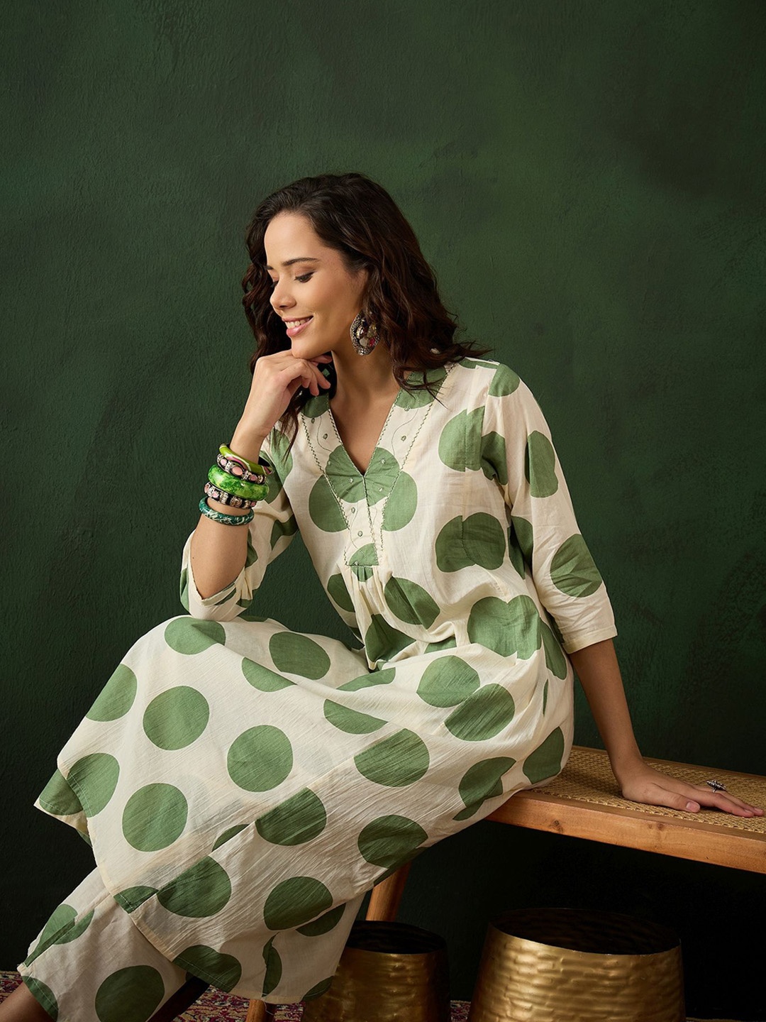 

Sangria Green Dot Embroidered Pure Cotton Sequinned A-line Kurta With Trouser & Dupatta