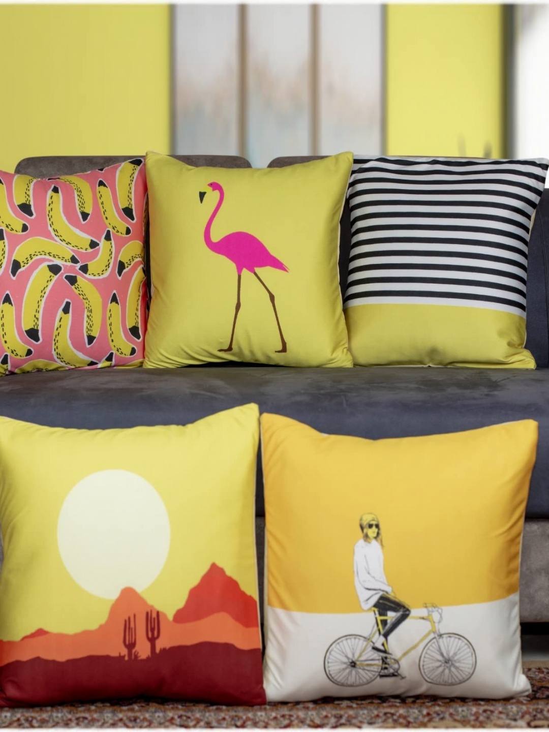

Vendola Yellow & Black 5 Pieces Ethnic Motifs Satin Square Cushion Covers