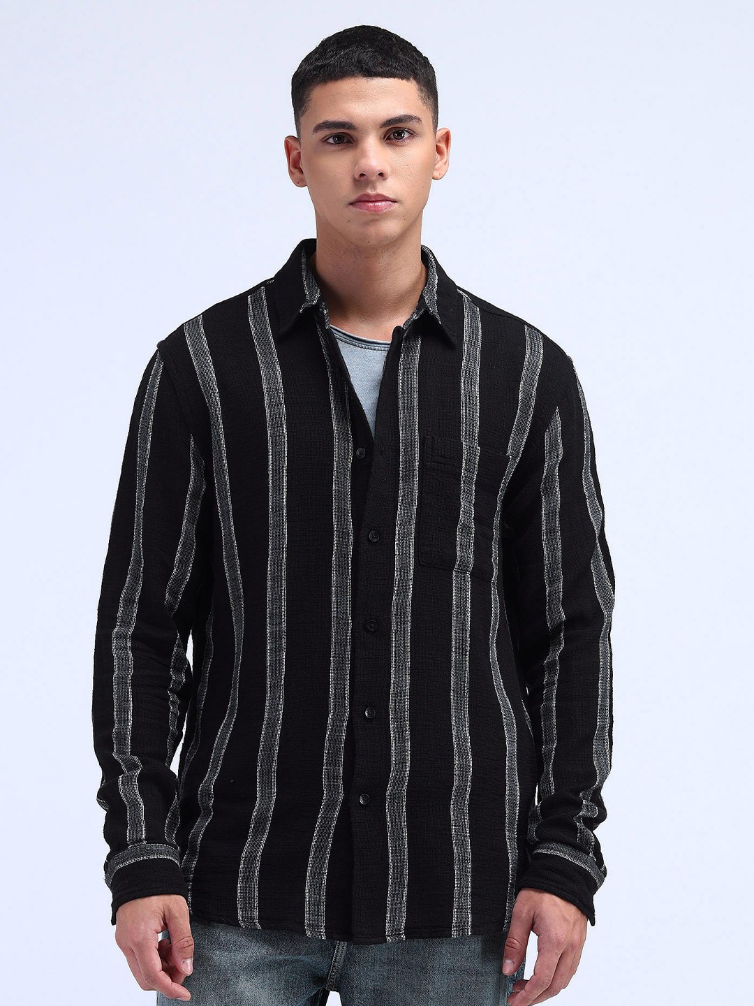 

Flying Machine Men Classic Opaque Striped Casual Shirt, Black