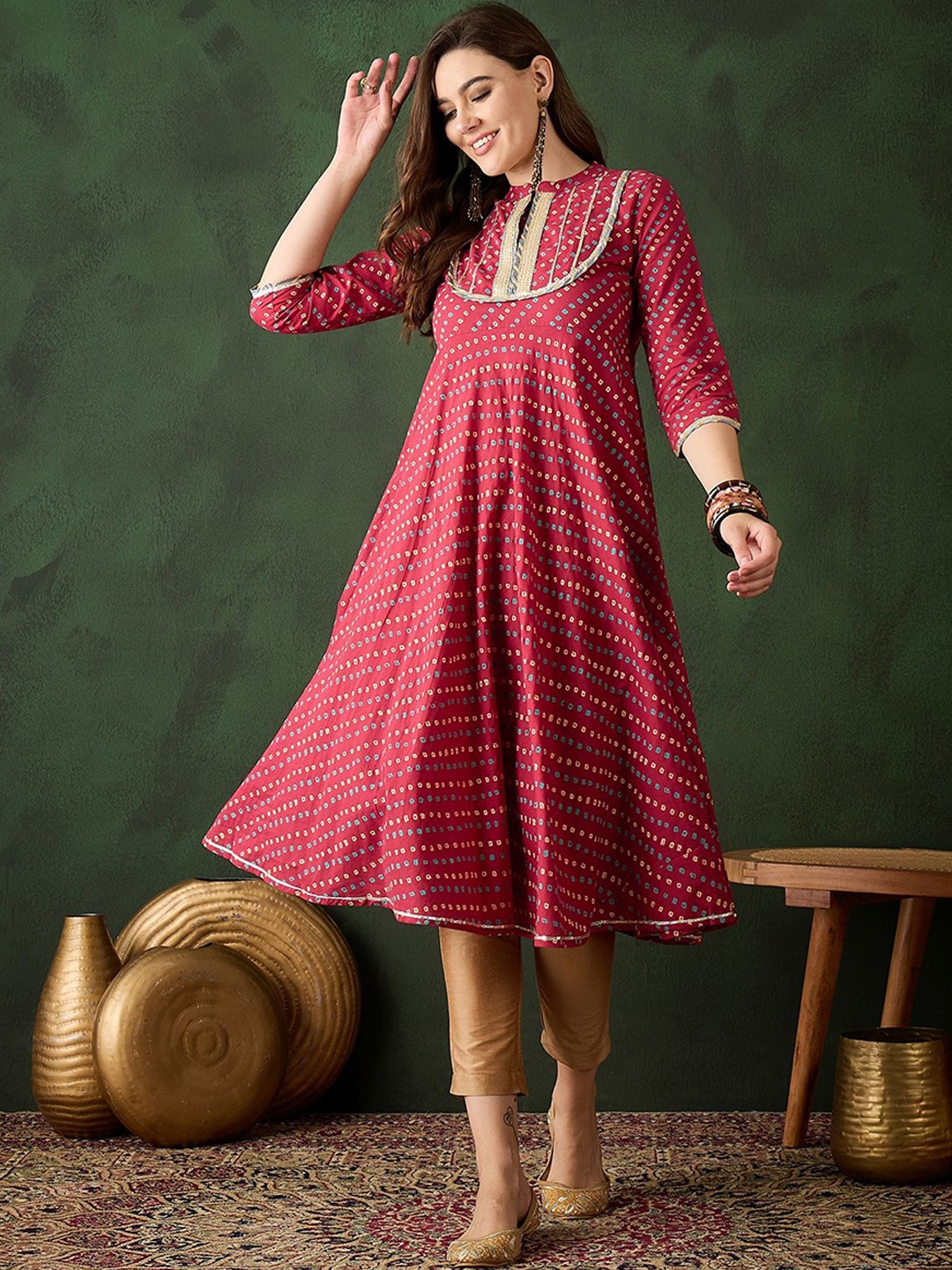 

Sangria Gota Yoke Bandhani printed Pure Cotton Anarakali Kurta, Red