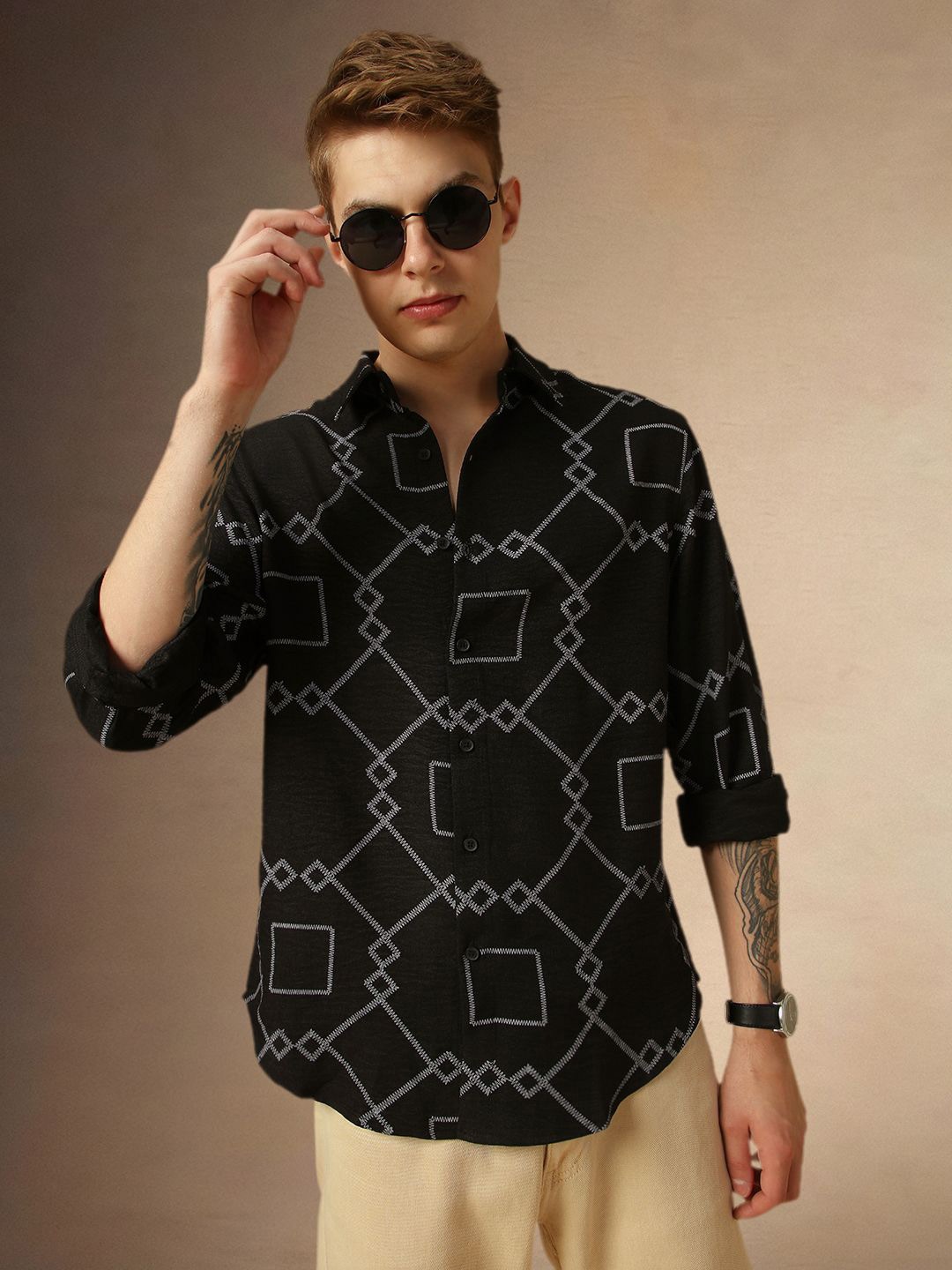 

Dennis Lingo Relaxed Fit Geometric Printed Spread Collar Shirt, Black