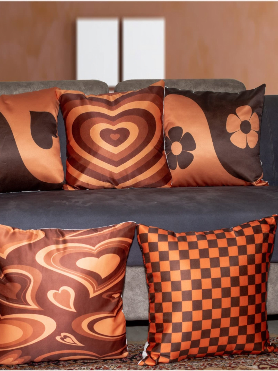 

Vendola Brown & Orange 5 Pieces Ethnic Motifs Printed Satin Square Cushion Covers