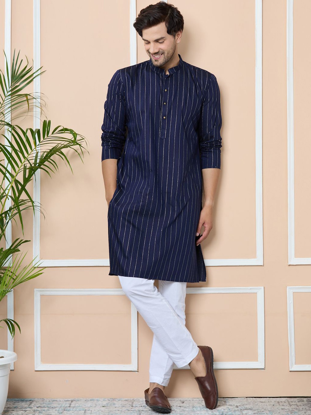

See Designs Men Striped Thread Work Kurta, Blue