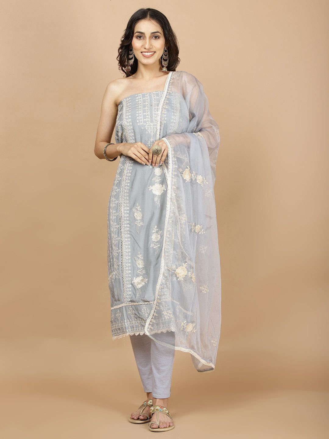 

Meena Bazaar Floral Embroidered Unstitched Dress Material, Grey