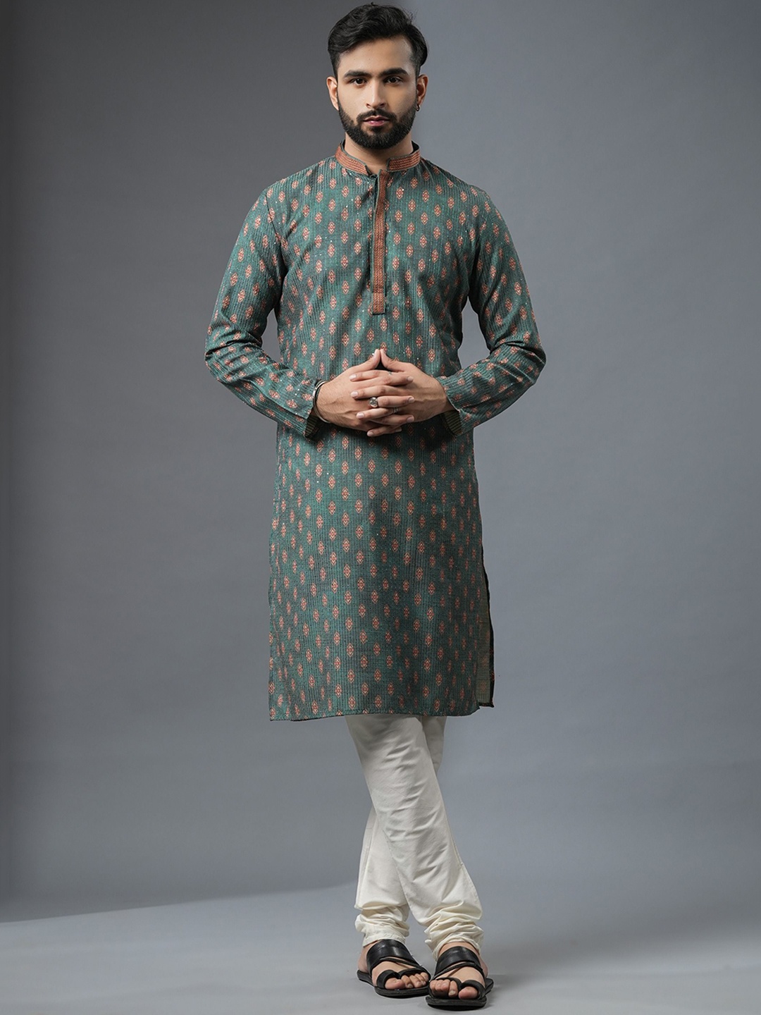 

Ethnic India Ethnic Motifs Woven Design Mandarin Collar Straight Kurta, Blue