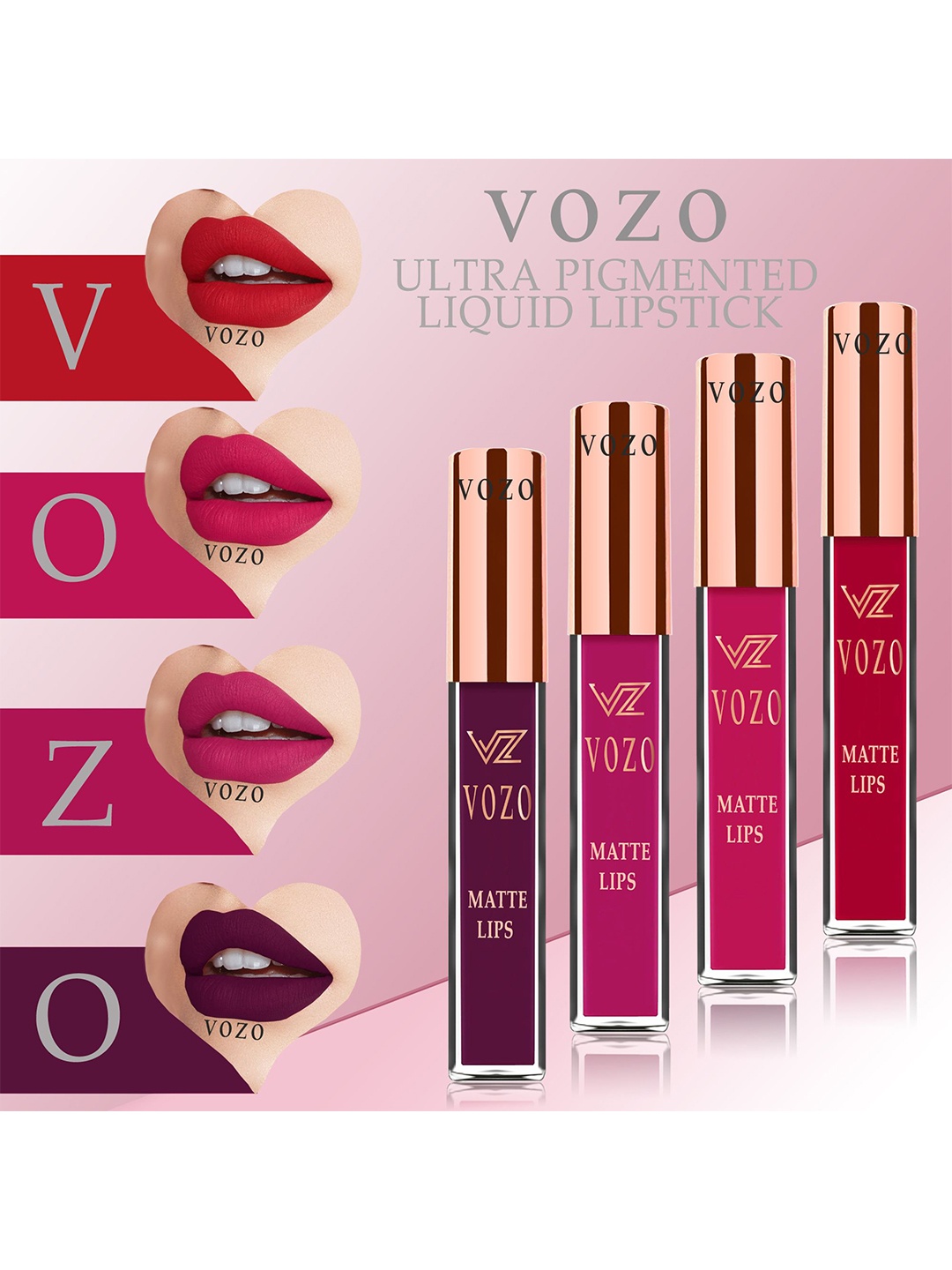

VOZO Set Of 4 Matte Lips Liquid Lipstick 4 ml Each Shade 104-105-106-201, Red