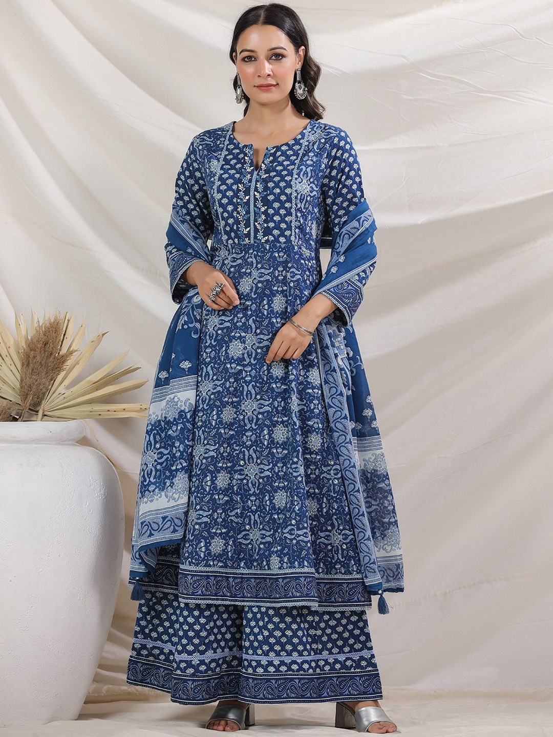 

Meena Bazaar Floral Printed Anarkali Kurta with Palazzos & Dupatta, Blue