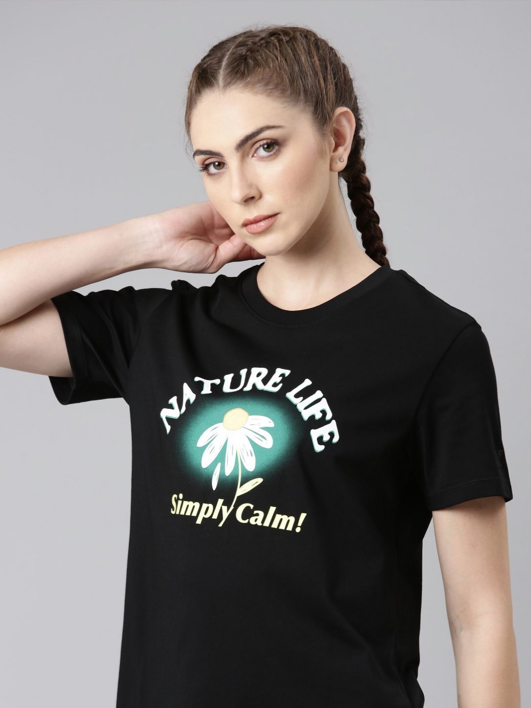 

Xtep Women Graphic Printed Round Neck Cotton Relaxed Fit T-shirt, Black