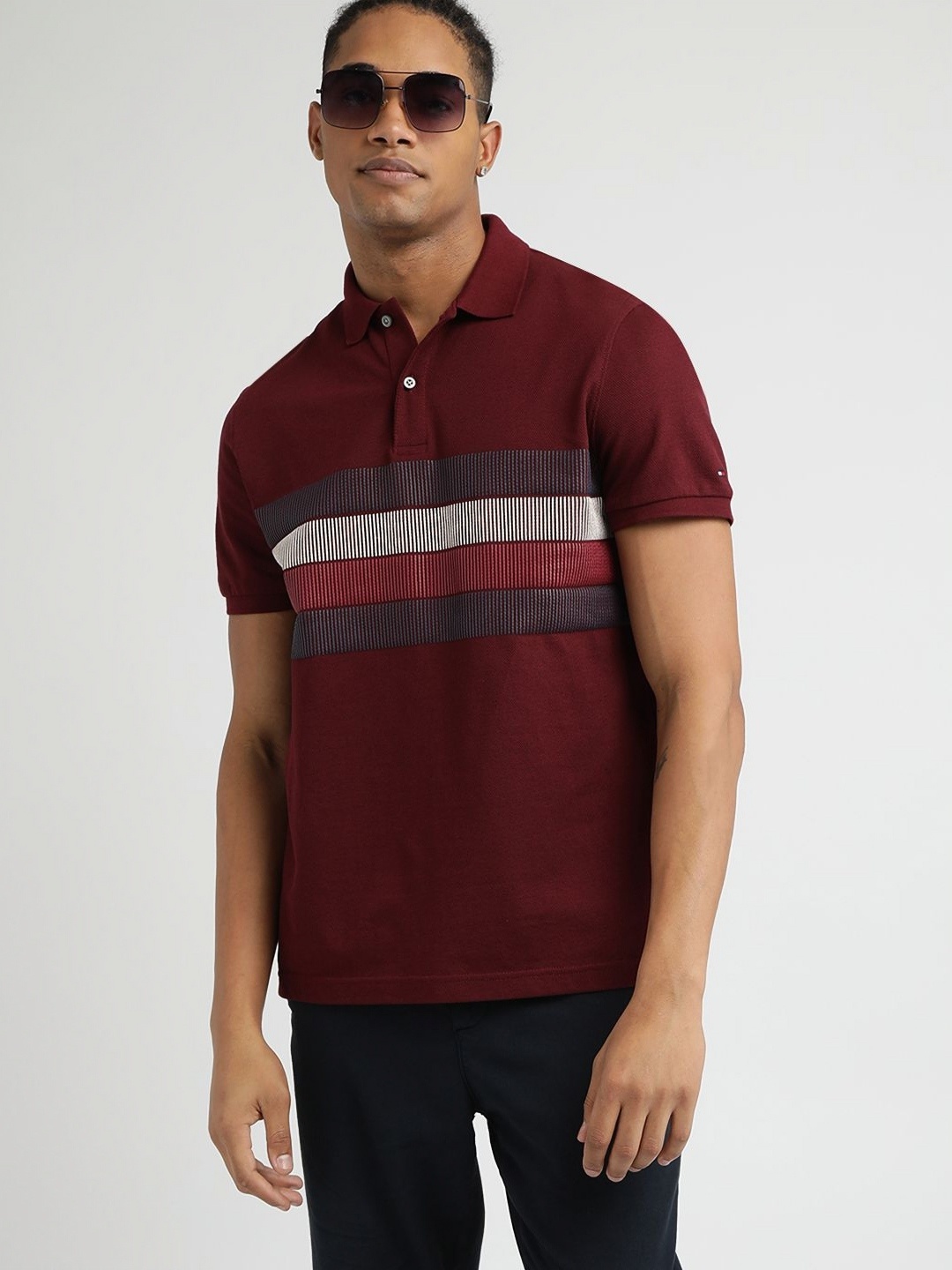 

Tommy Hilfiger Men Striped Polo Collar Cotton T-shirt, Red