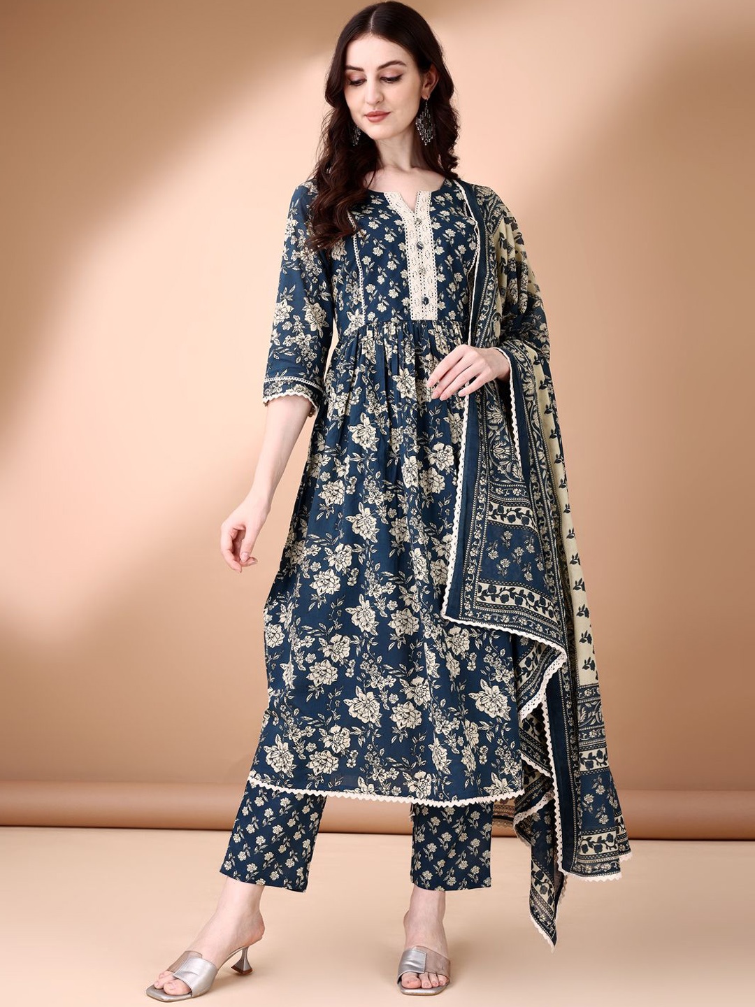 

Anouk Floral Printed Pleated Pure Cotton Anarkali Kurta with Trousers & Dupatta, Blue