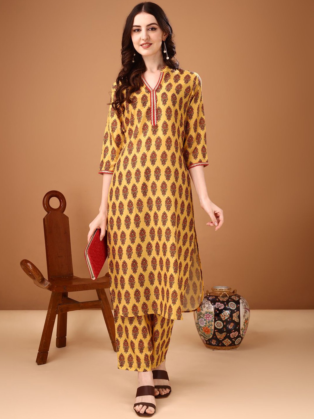 

Anouk Printed Pure Cotton Tunic With Trouser Co-Ords, Yellow
