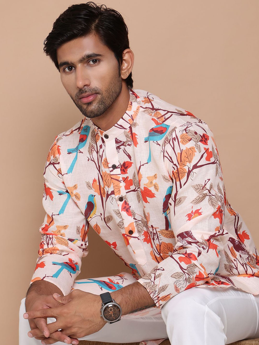 

Anouk Men Floral Printed Floral Kurta, Cream