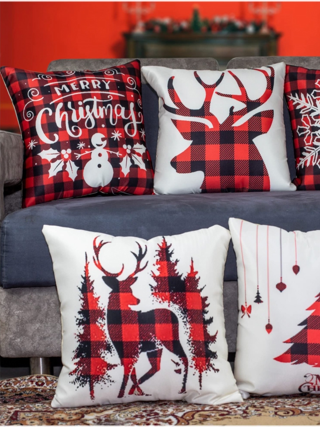 

Vendola White & Red 5 Pieces Printed Satin Square Cushion Covers