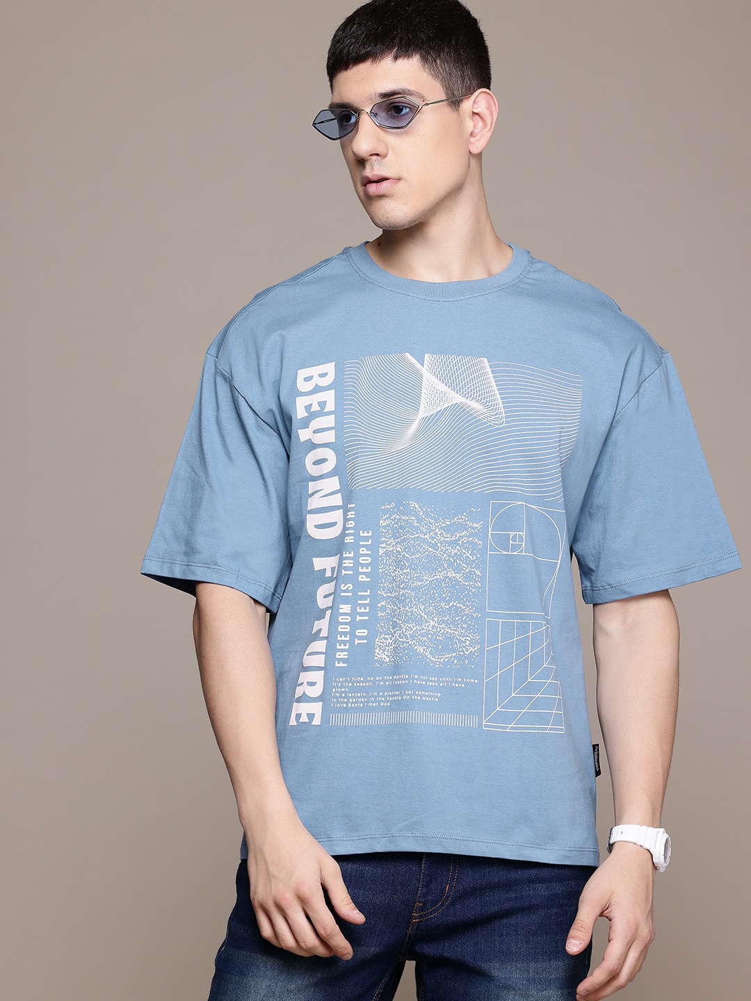 

The Roadster Lifestyle Co. Printed Drop-Shoulder Sleeves Pure Cotton T-shirt, Blue