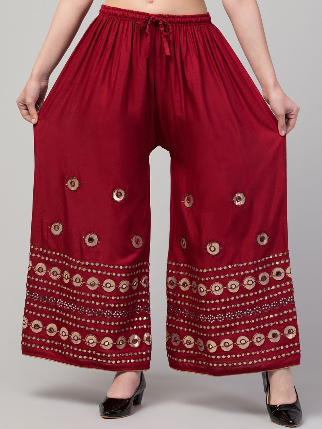

FAMBEE Women Embroidered Flared Ethnic Palazzos, Maroon