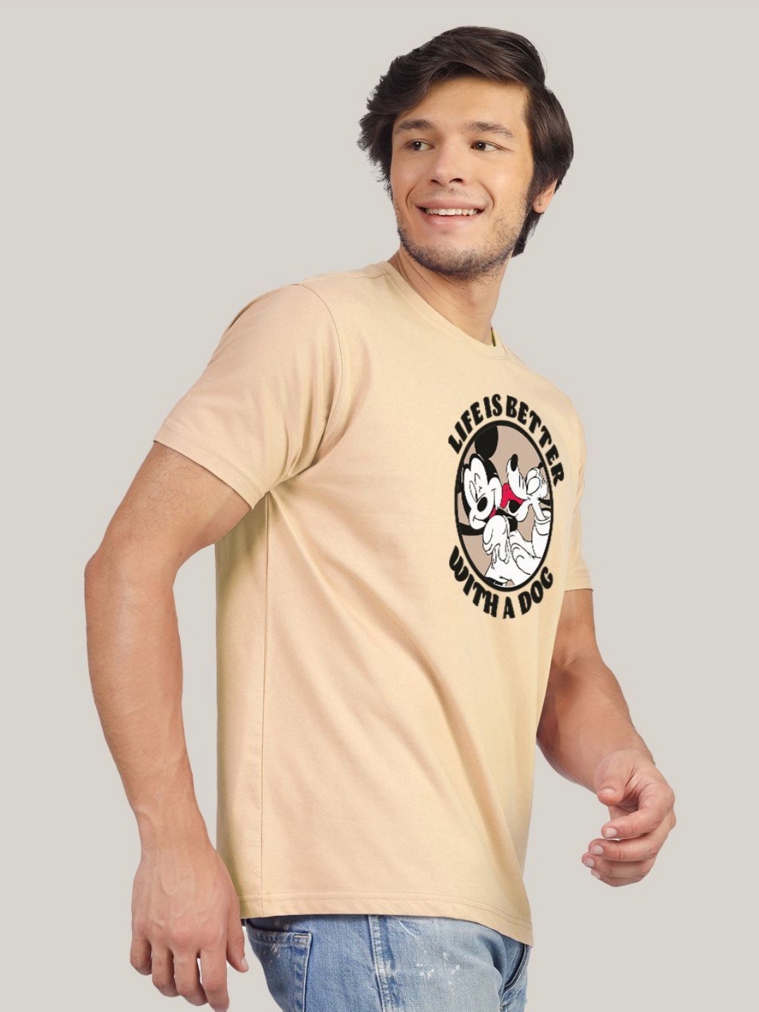 

Greylongg Men Typography Printed Round Neck Cotton T-shirt, Beige