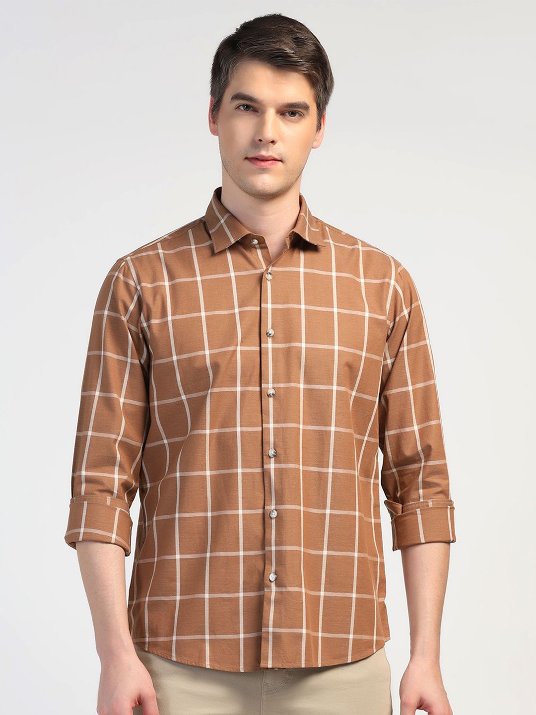 

Blackberrys Men Slim Fit Opaque Checked Casual Shirt, Brown