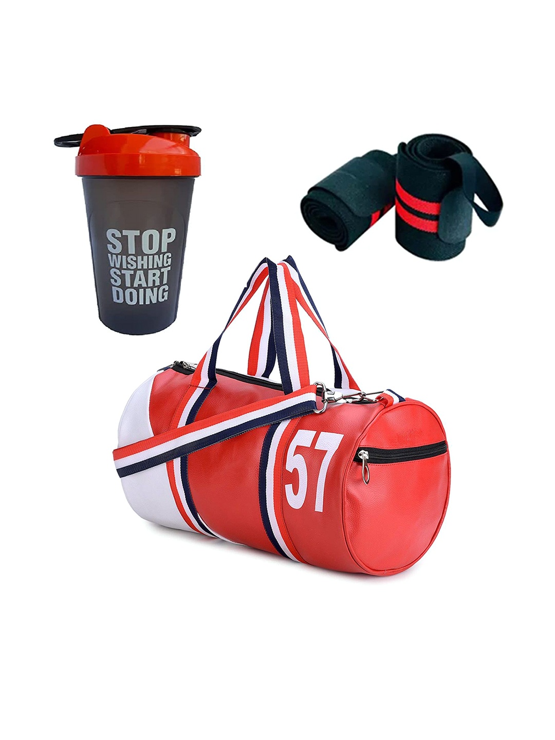 

GROUPERS Set Of 3 Printed Sports or Gym Duffel Bag With Wrist Band & Shaker Bottle 700 ml, Red