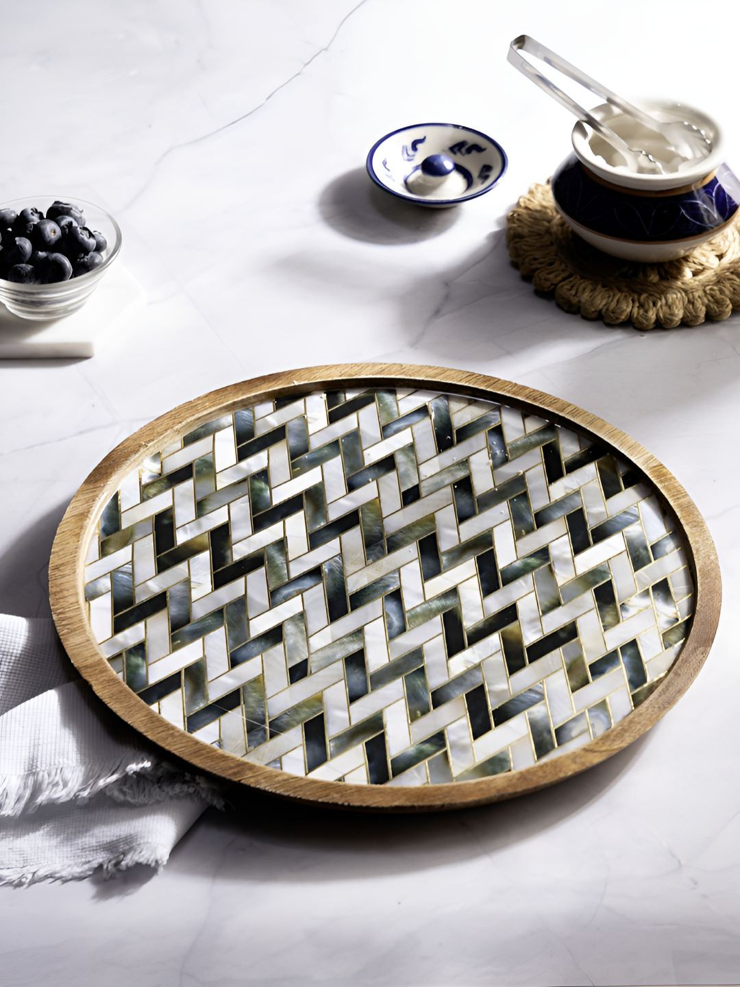 

DULI Silver Toned & Green Printed Wooden Serving Tray