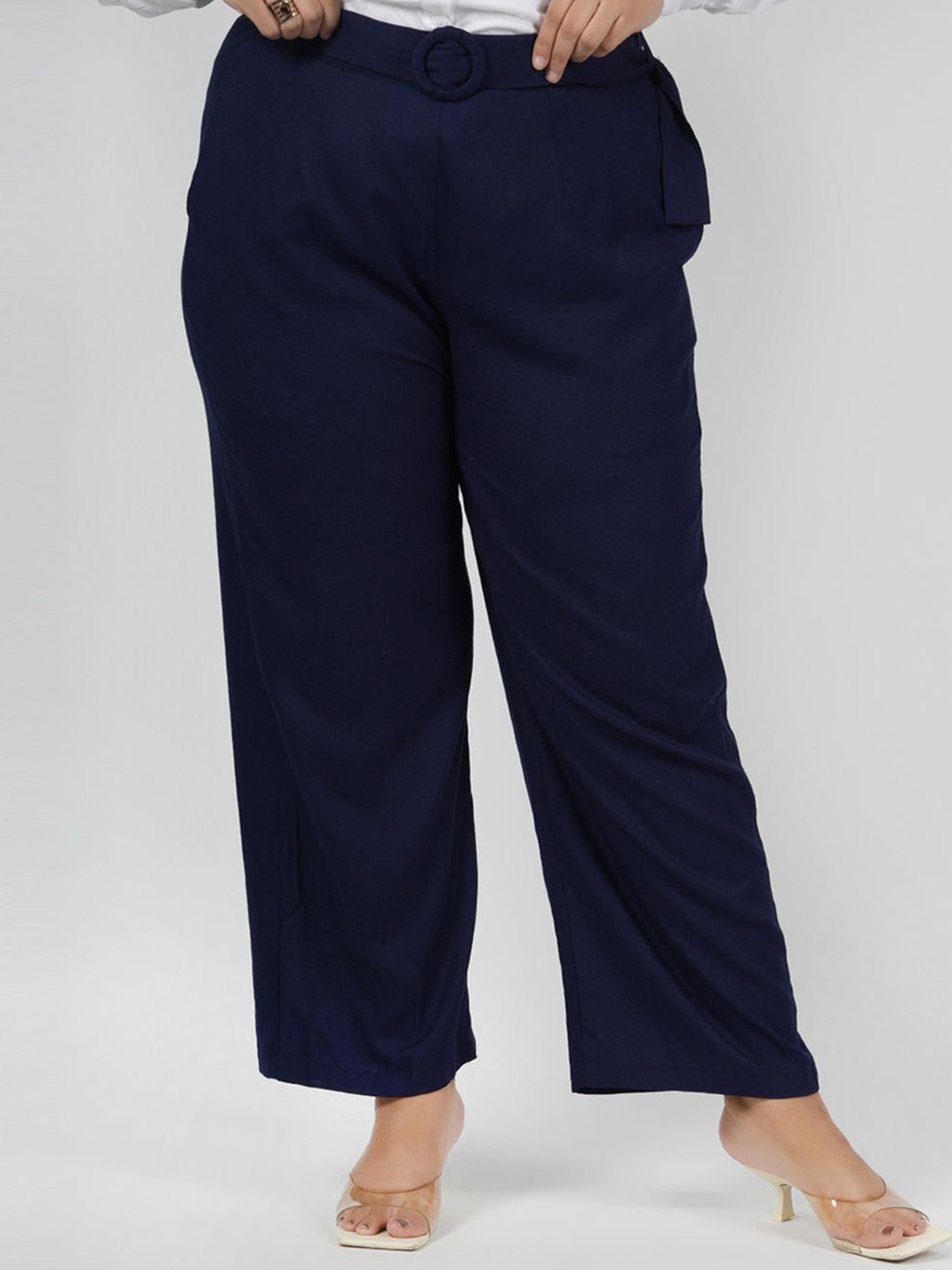 

LastInch Women Plus Size Classic Straight Fit High-Rise Easy Wash Trousers, Blue