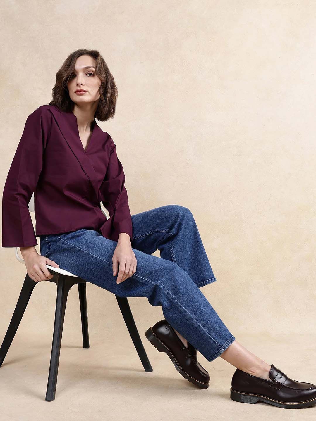

RAREISM Women Solid V-Neck Cotton Top, Purple