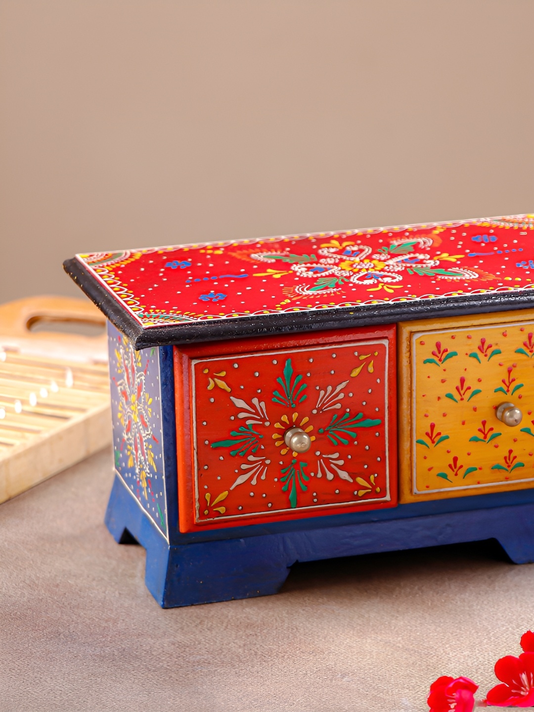 

Archies Red & Yellow Floral Printed Rajasthani Crafted Wooden Trunk Box Showpiece