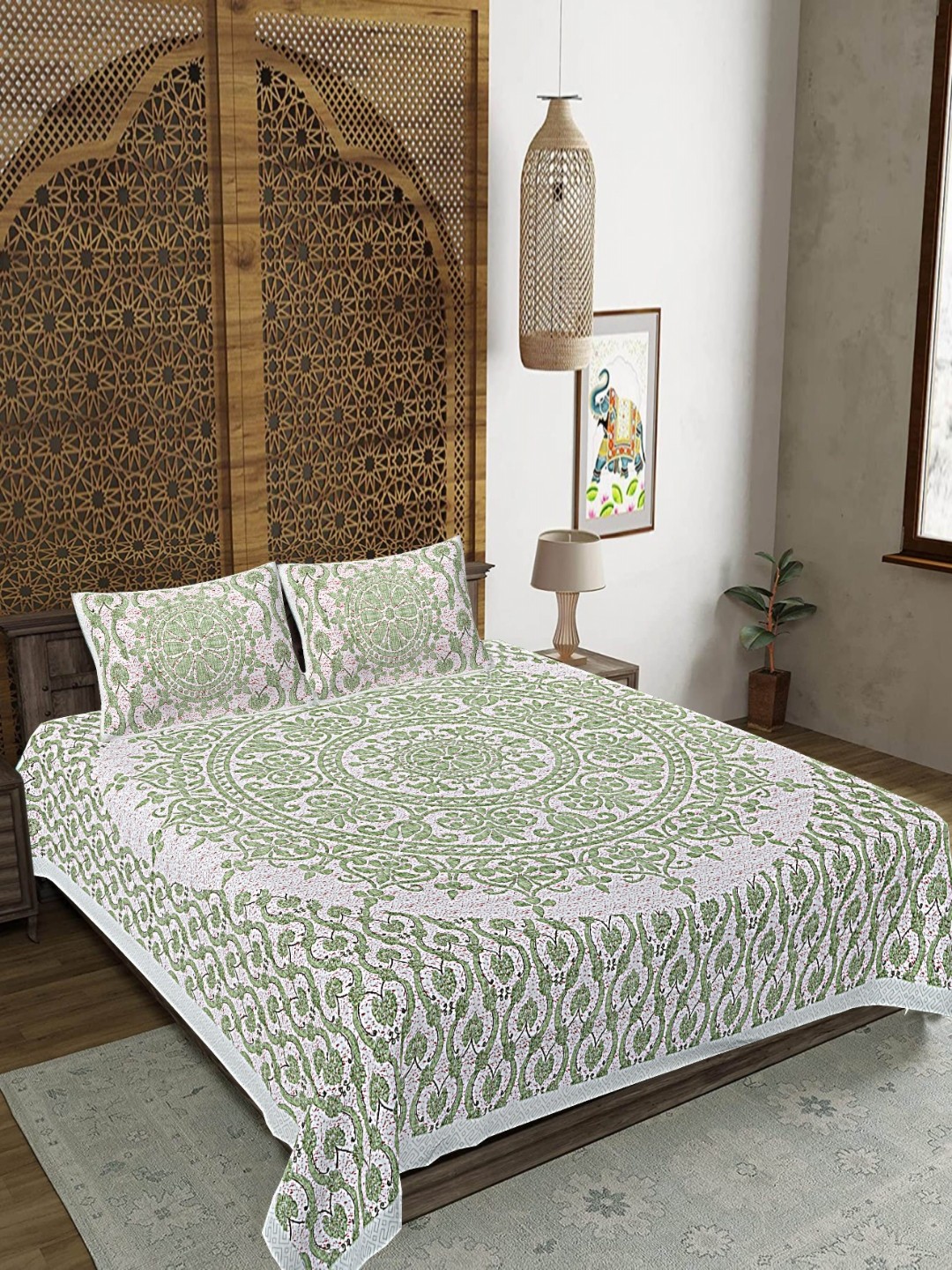 

FrionKandy Living Green & White Floral 180 TC King Bedsheet With 2 Pillow Covers