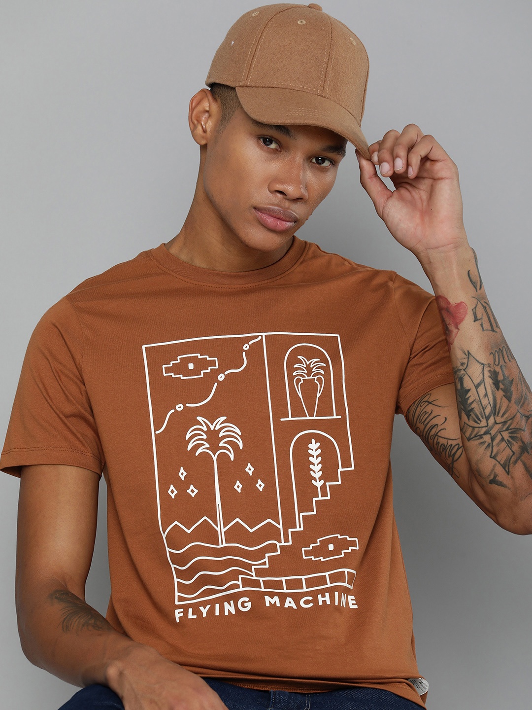 

Flying Machine Pure Cotton Graphic Printed T-shirt, Brown