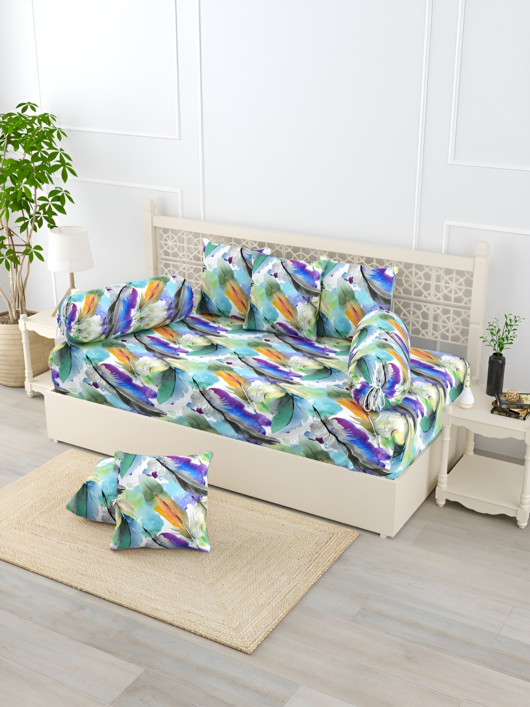

EverHOME 8-Pcs Blue & Green 8 Pieces Feather Printed Pure Cotton Diwan Set