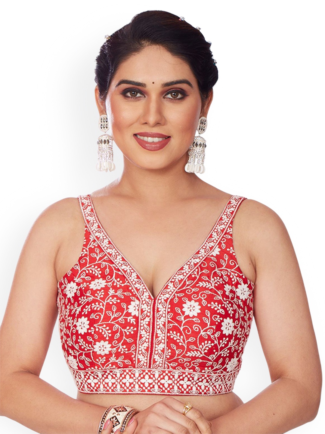 

Mmore Embroidered Silk Saree Blouse, Red