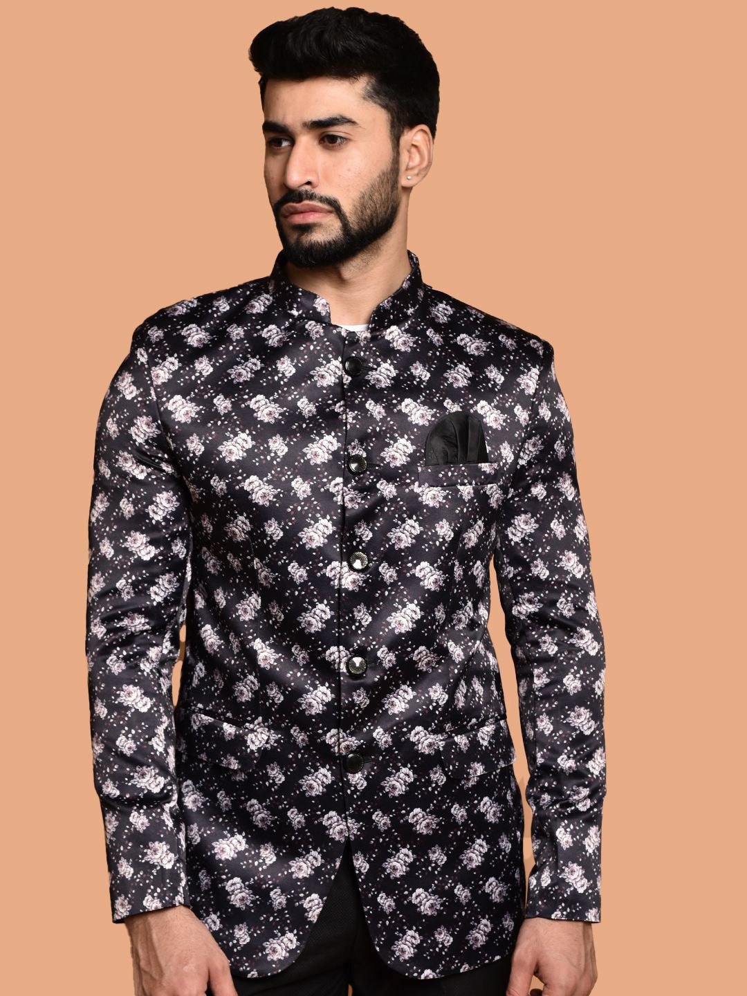 

PRINTCULTR Printed Mandarin Collar Bandhgala Casual Blazer, Black