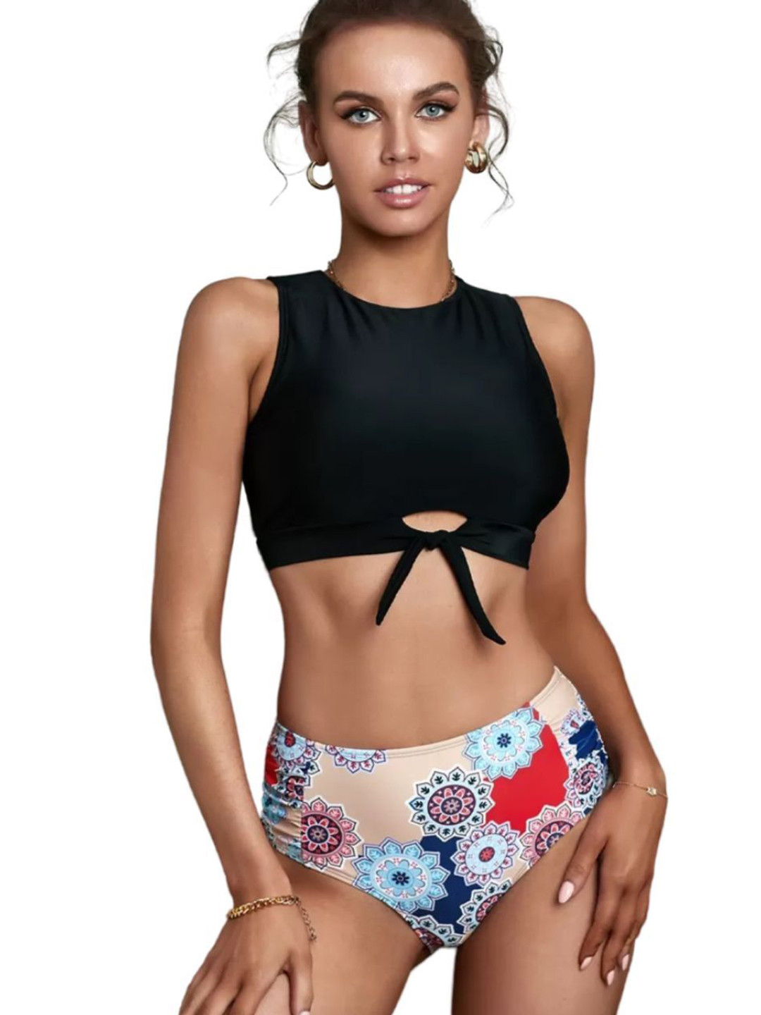 

ANGEL CROSHET Women Floral Printed Round Neck Cut Out Basics Swim Set, Black
