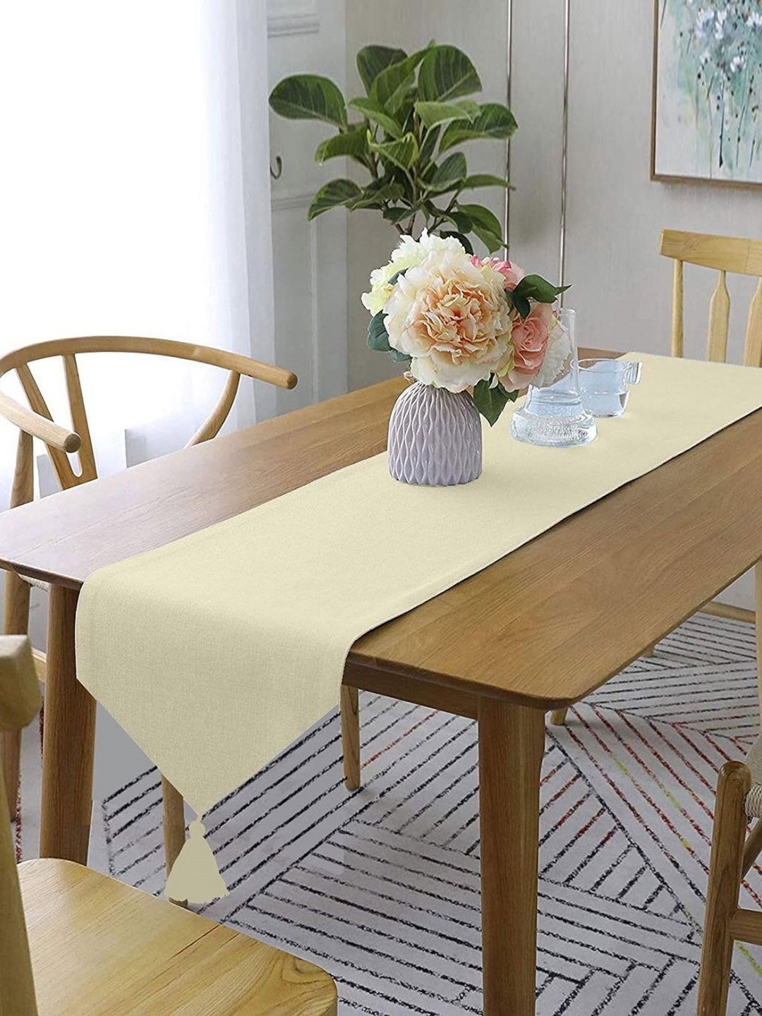 

Lushomes Beige Pure Cotton 6 Seater Table Runner With Tassel