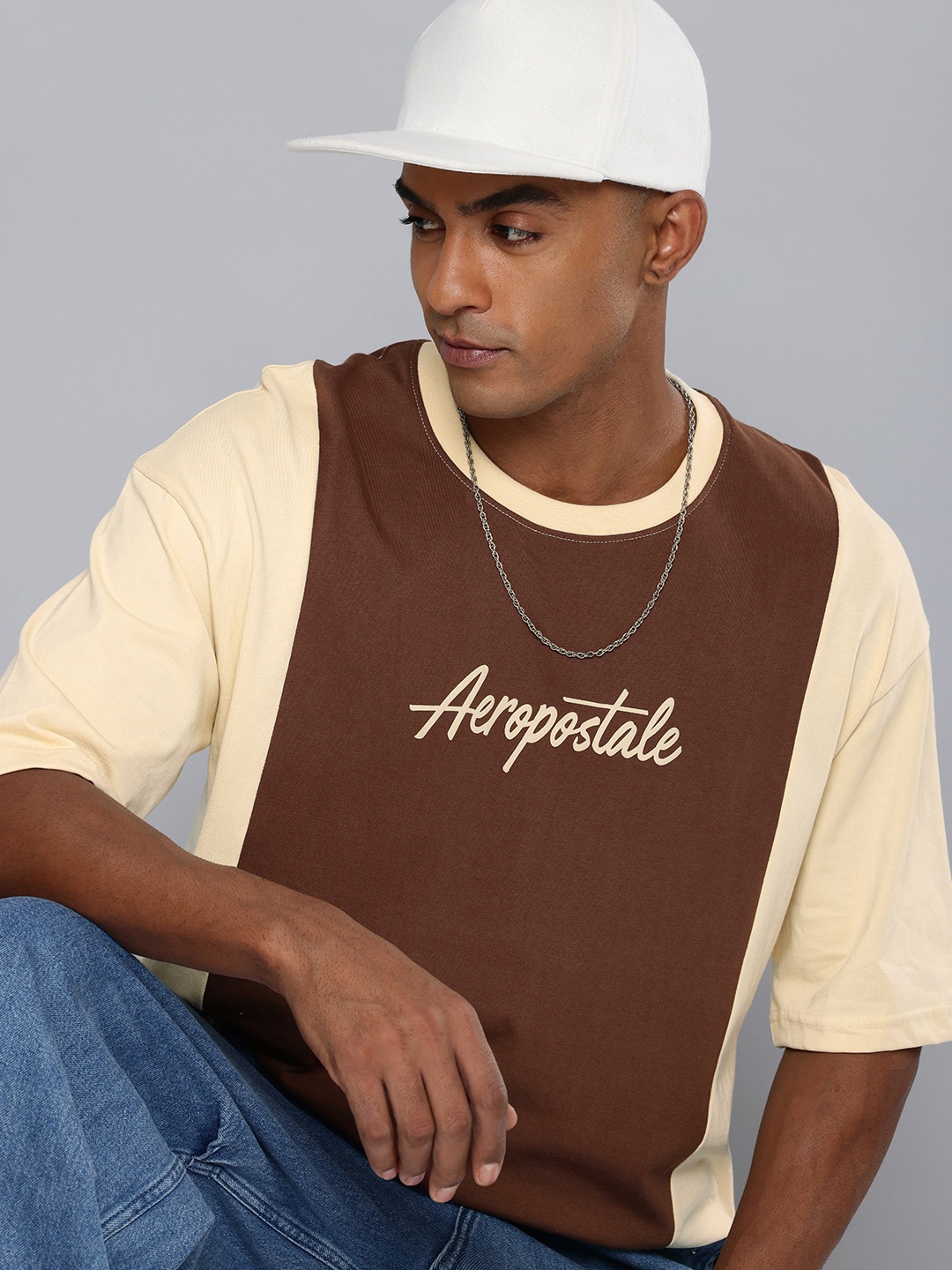 

Aeropostale Colourblocked Drop-Shoulder Sleeves Pure Cotton Relaxed Fit T-shirt, Brown