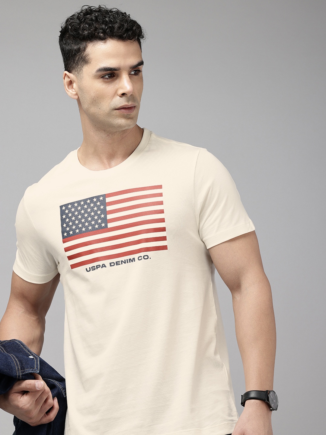

U.S. Polo Assn. Denim Co. Printed Pure Cotton Slim Fit T-shirt, Cream