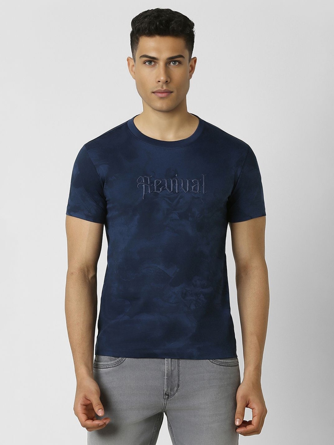 

V Dot Men Conversational Printed Round Neck Cotton Slim Fit T-shirt, Navy blue