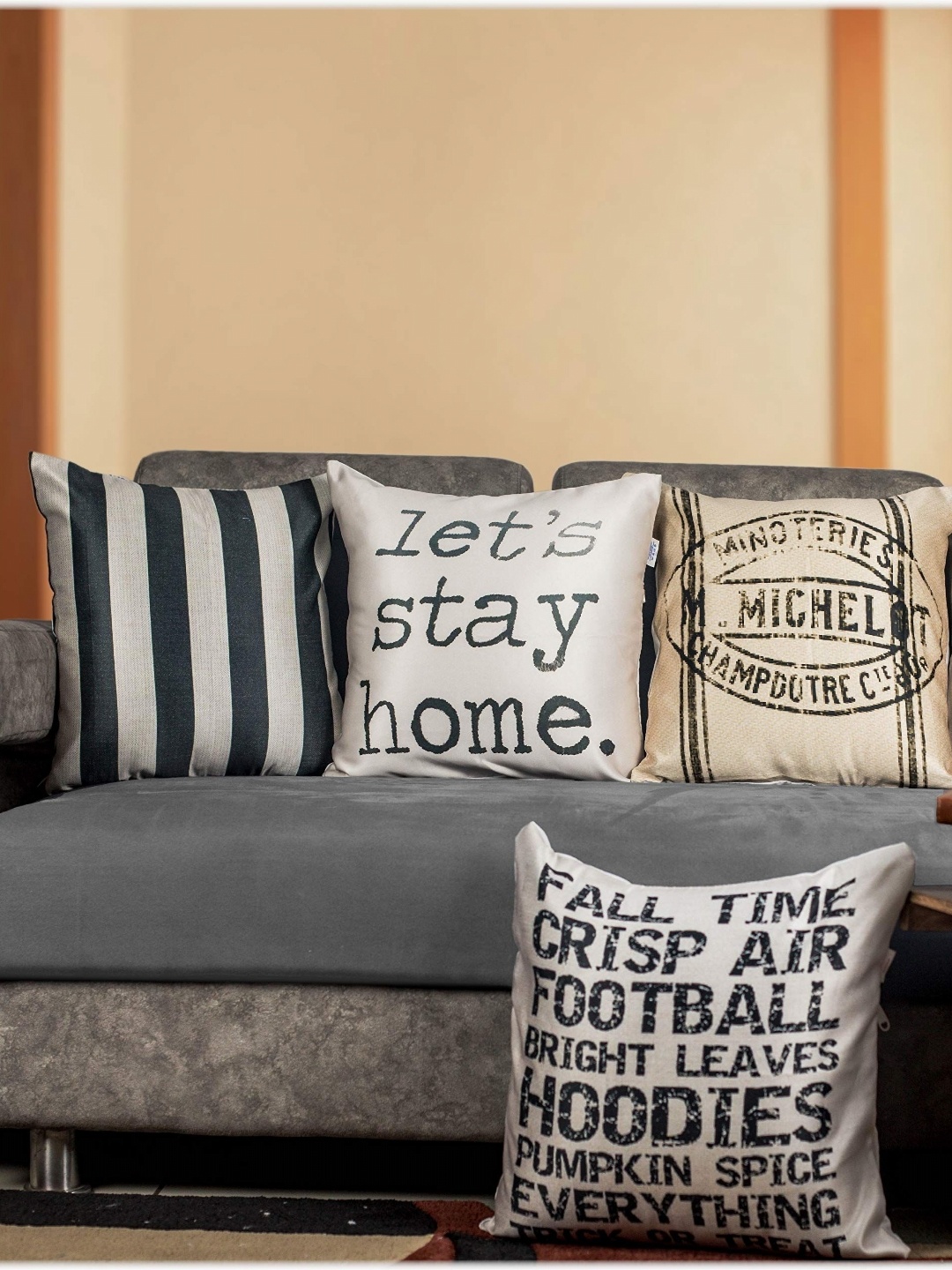 

Vendola White & Black 5 Pieces Typography Printed Satin Square Cushion Covers