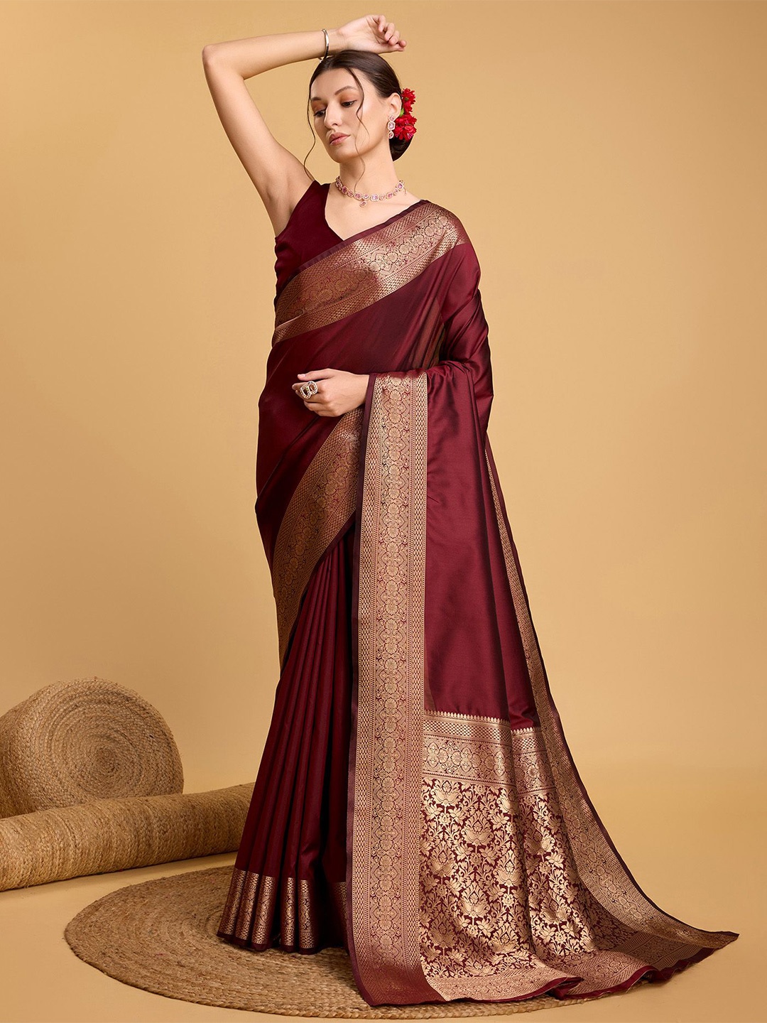 

bansari textiles Zari Silk Cotton Banarasi Saree, Maroon