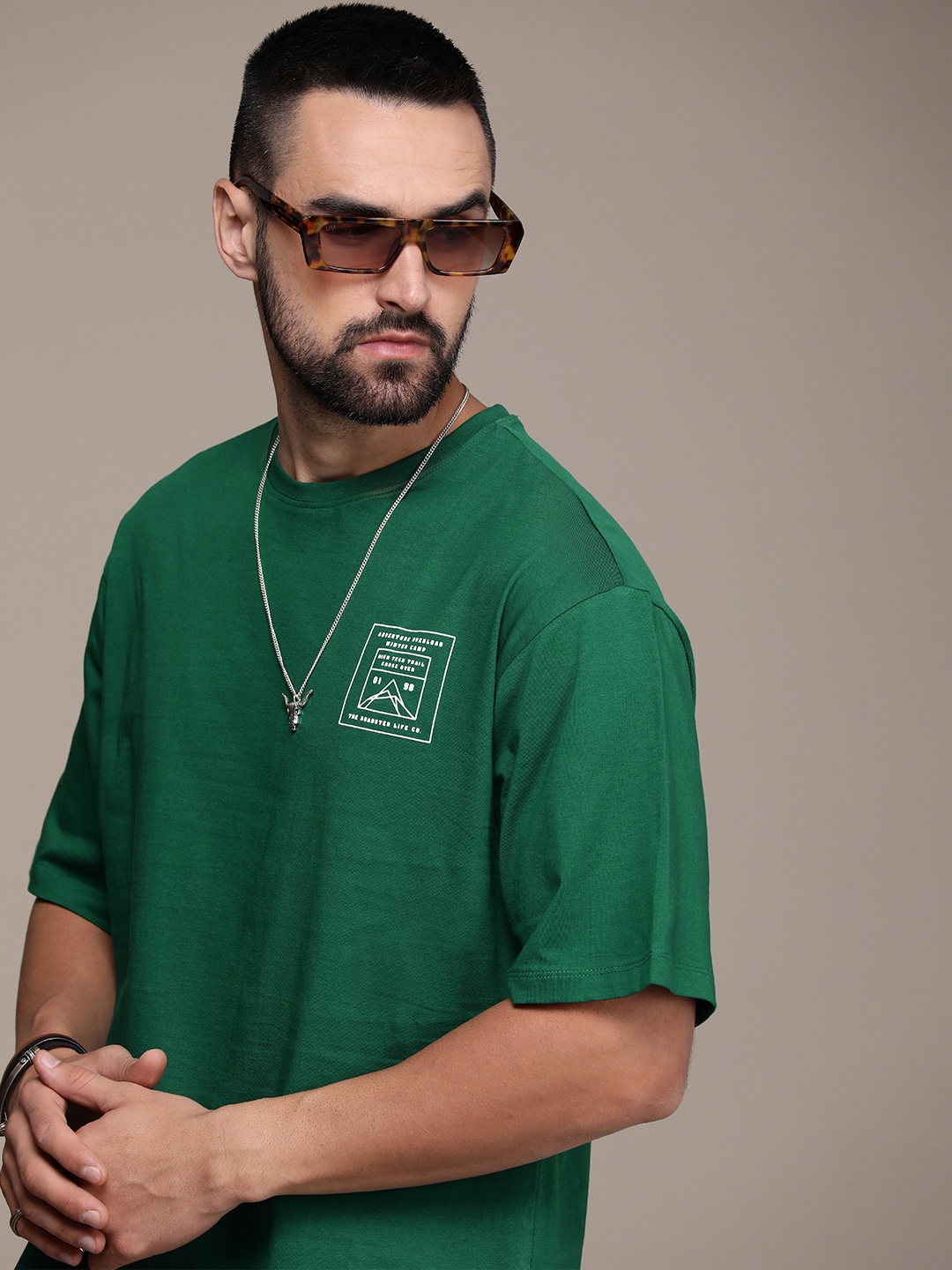 

The Roadster Life Co. Pure Cotton Printed Relaxed Fit Drop-Shoulder Sleeves T-shirt, Green