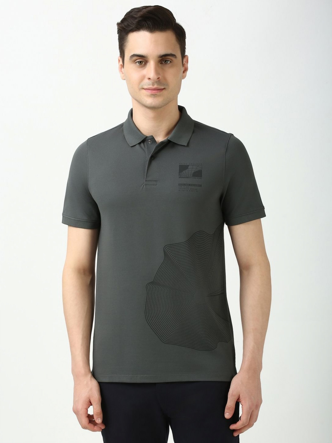 

Peter England Men Floral Printed Polo Collar Cotton T-shirt, Grey