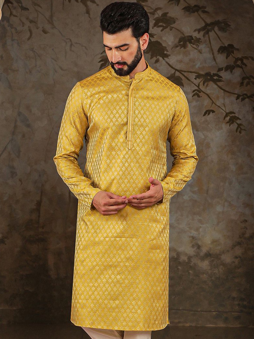 

HOUSE OF DEYANN Men Jacquard Kurta, Yellow