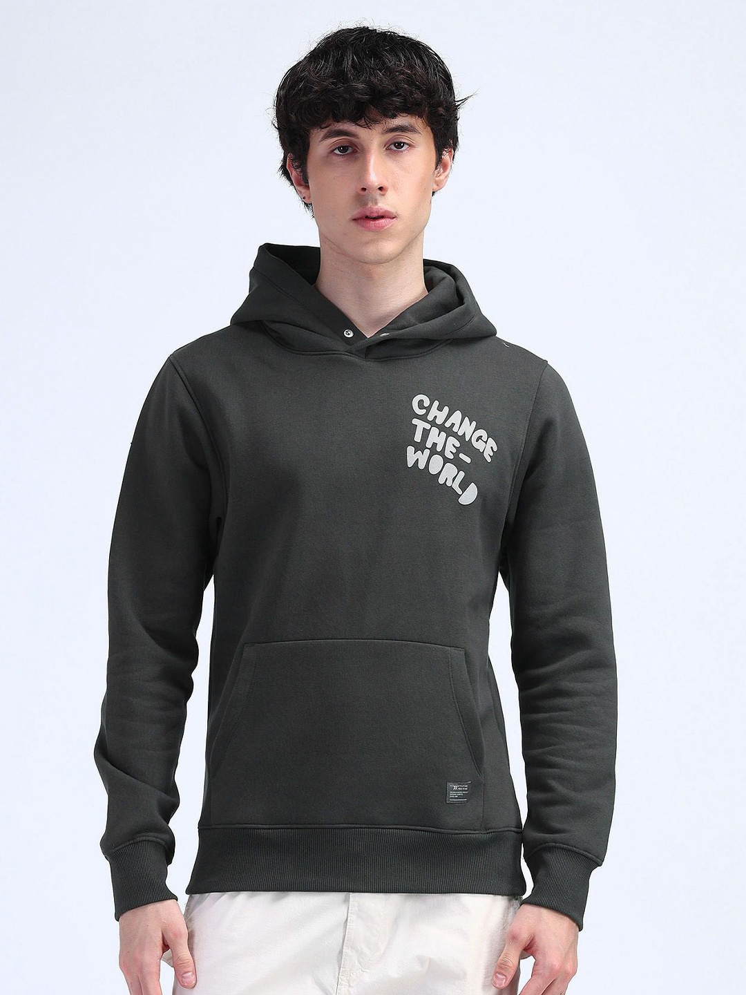 

Flying Machine Men Printed Hooded Sweatshirt, Grey