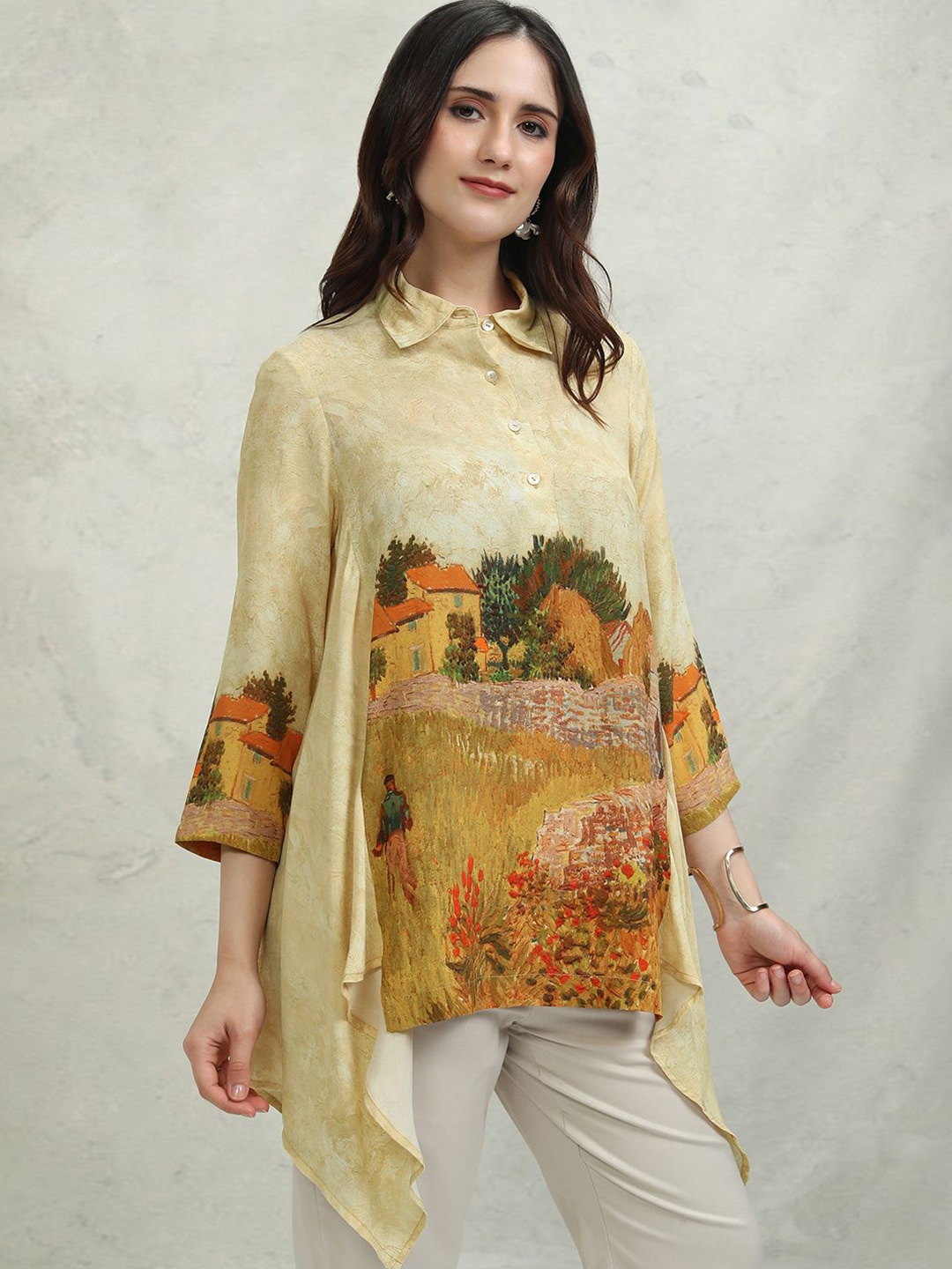 

Vishudh Print Shirt Style Longline Top, Cream